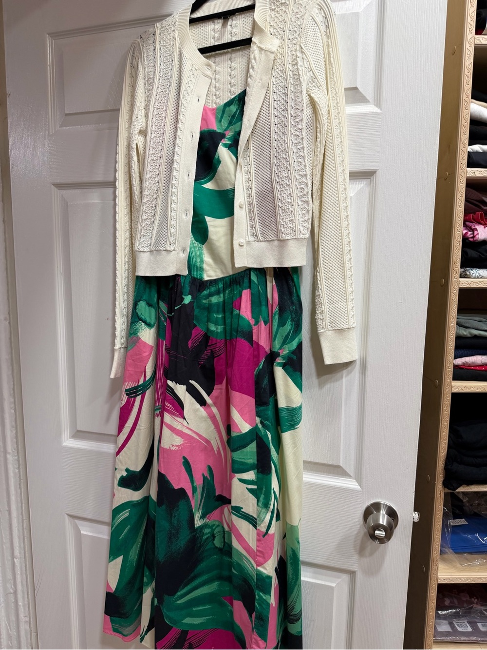 Express Cream Cardigan with Green and Pink Floral Midi Dress